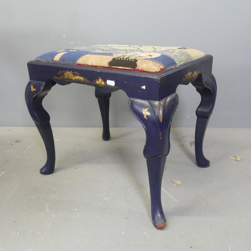 2735 - A blue painted and chinoiserie decorated piano stool, with tapestry upholstered seat and cabriole le... 