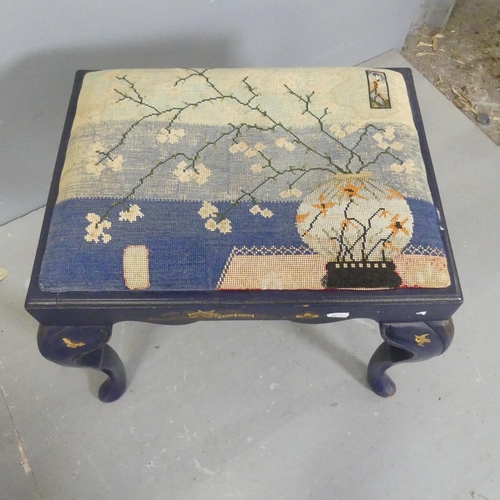 2735 - A blue painted and chinoiserie decorated piano stool, with tapestry upholstered seat and cabriole le... 