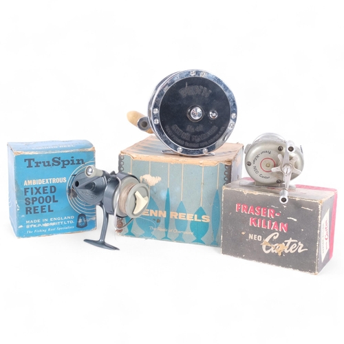 10 - A group of 3 Vintage fishing reels, including a True Spin ambidextrous fixed spool reel, in original... 