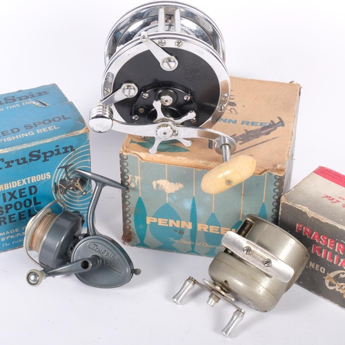 10 - A group of 3 Vintage fishing reels, including a True Spin ambidextrous fixed spool reel, in original... 