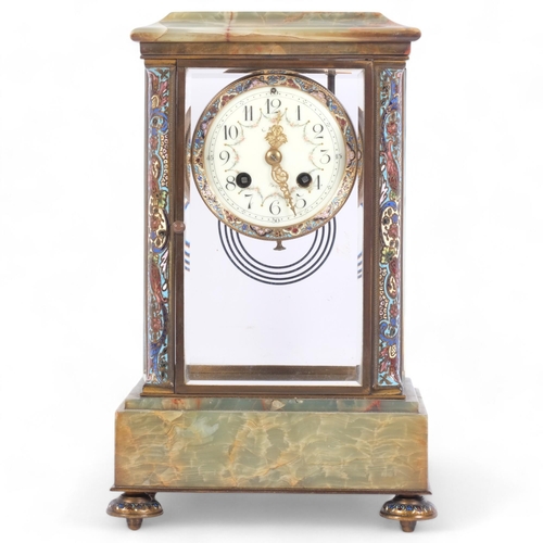 100 - A French green onyx and champleve 8-day striking mantel clock, H32cm