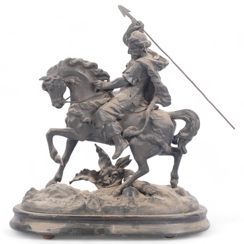 103 - A spelter horse and warrior on stand, H47cm