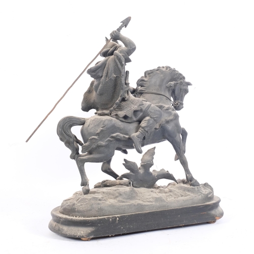 103 - A spelter horse and warrior on stand, H47cm