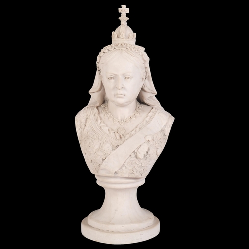 107 - *Description change *A white composition bust depicting Queen Victoria on socle base, H41cm