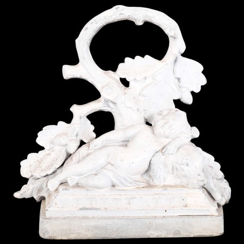 114 - A Victorian Coalbrookdale cast-iron doorstop, depicting a cherub and hound, later painted, stamped C... 