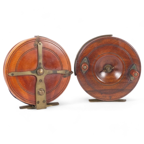 14 - Carter & Company of London - 2 Antique walnut and brass fishing reels, 1 marked to brass cross, and ... 