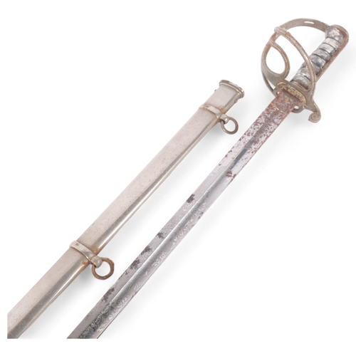 140 - An 1803 pattern Royal Artillery Officer's sword and scabbard, shagreen handle with scrolled hilt and... 