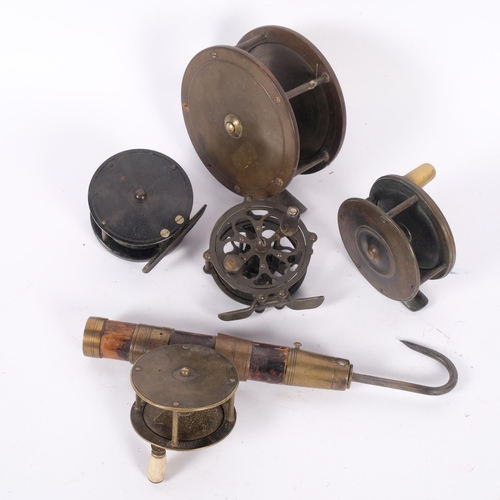 16 - A quantity of Antique brass fishing reels, including 1 marked J Bernard & Son, a second marked Alfre... 