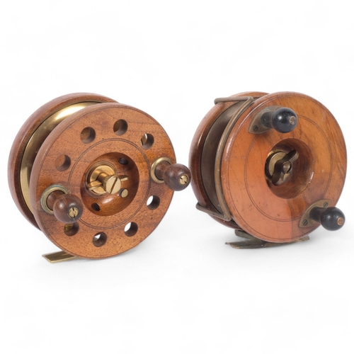 17 - 2 Antique walnut and brass fishing reels, both manufactured by Milward's of Redditch, England, inclu... 