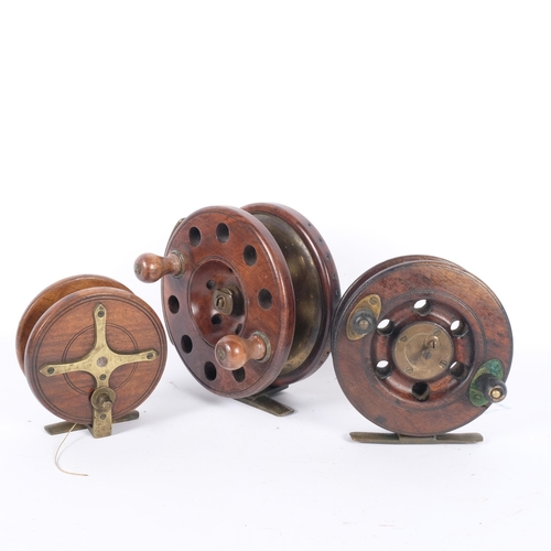 18 - A group of 3 Vintage walnut and brass fishing reels, including a Pownall's Drag 