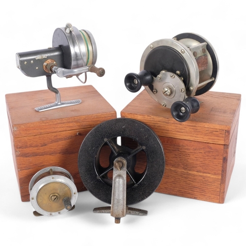 19 - A F.J. Rabbeth Antique fishing reel, patent dated Jan 4th 1902, in bespoke wooden box, a Hardy Broth... 