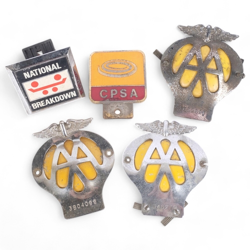 198 - A collection of Vintage AA car badges, a CPSA car badge, and another