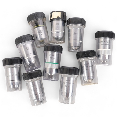 202 - 10 various microscope lenses, to include 9 Leitz lenses, and an Olympus lens (10)