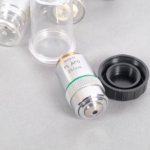 202 - 10 various microscope lenses, to include 9 Leitz lenses, and an Olympus lens (10)