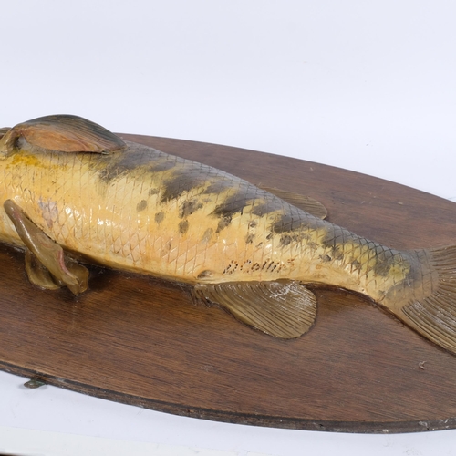 22 - An Antique wooden sculpture of a fish, small bass, with glass eye, mounted on oval wooden shield pla... 