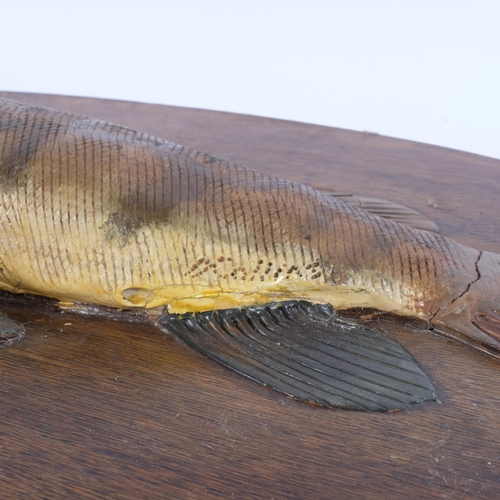 23 - An Antique wooden sculpture of a fish, bowfin, with glass eye, mounted on wooden oval plaque, unsign... 