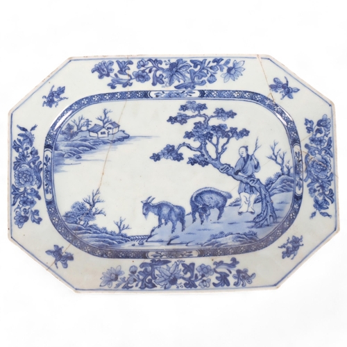 235 - A Chinese export blue and white porcelain meat dish, Qianlong Period, hand painted depicting shepher... 