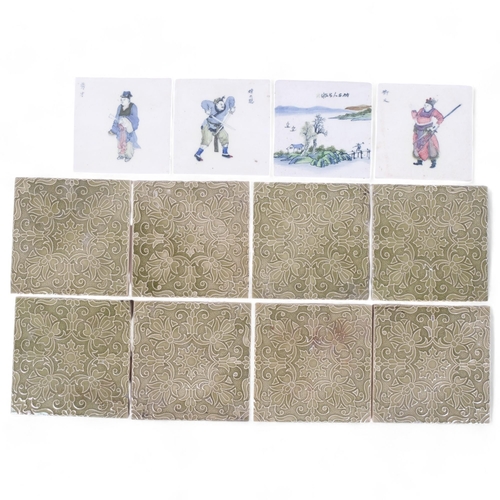 236 - 4 Chinese porcelain tiles, hand painted, all with character marks to surface and maker's stamp to re... 