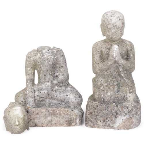 249 - A concrete figure of a seated Buddha (head broken off), H37cm, and a concrete figure of a praying fi... 