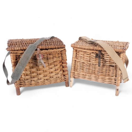 25 - 2 similar Vintage wicker fishing creel baskets, largest approx 36cm x 31cm x 25cm, each with carryin... 