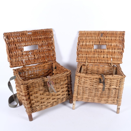 25 - 2 similar Vintage wicker fishing creel baskets, largest approx 36cm x 31cm x 25cm, each with carryin... 