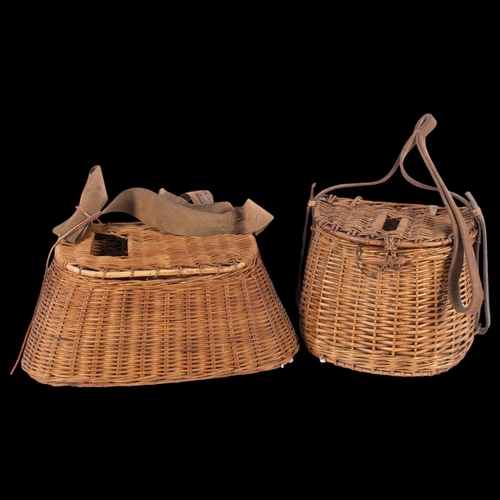 26 - 2 similar early 20th century handmade wicker fishing creels, each with original strap, largest 43cm ... 