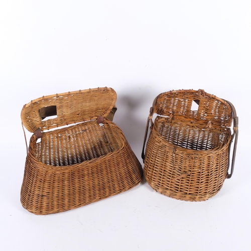 26 - 2 similar early 20th century handmade wicker fishing creels, each with original strap, largest 43cm ... 