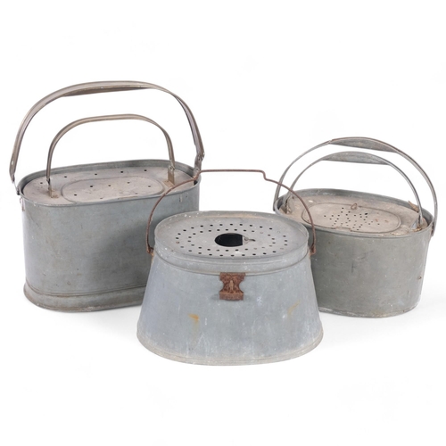 28 - A group of 3 Antique galvanised fishing bait kettles, largest 30cm x 19cm (3)