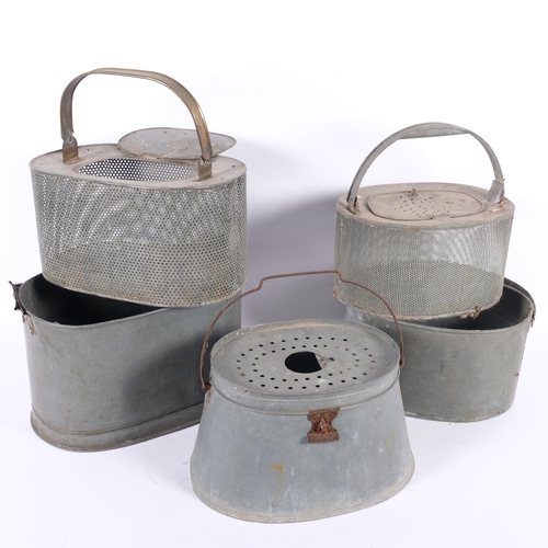 28 - A group of 3 Antique galvanised fishing bait kettles, largest 30cm x 19cm (3)