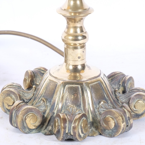 289 - An Art Nouveau style brass twin-arm table lamp, with orange and yellow marbled glass shades, H56.5cm