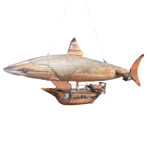 301 - Clive Fredriksson, a modern Steam Punk sculpture, a suspended airship, airship body is in the form o... 