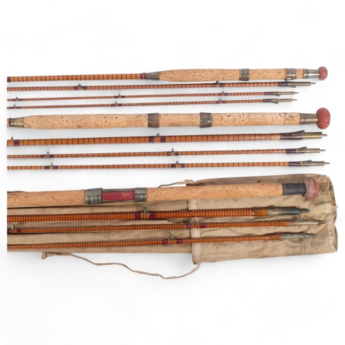 31 - A group of 3 Antique split cane fishing rods, all unmarked, each having 4 pieces, 1 with associated ... 