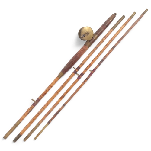 36 - An Antique freshwater bamboo cane 4-piece fishing rod with small brass reel, unmarked