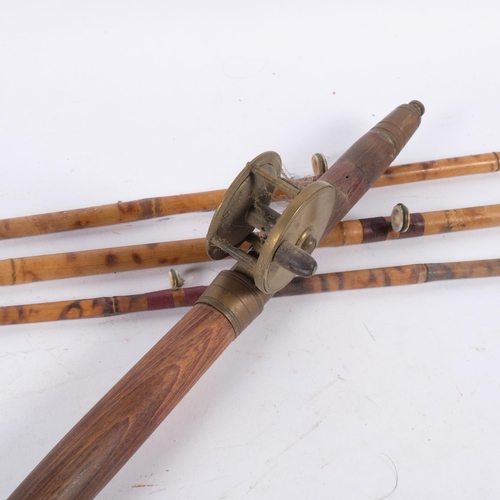 36 - An Antique freshwater bamboo cane 4-piece fishing rod with small brass reel, unmarked