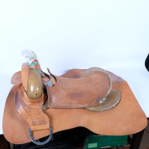 65 - 2 similar handmade partially complete leather horse riding saddles, both by Borrer Artistry in Leath... 