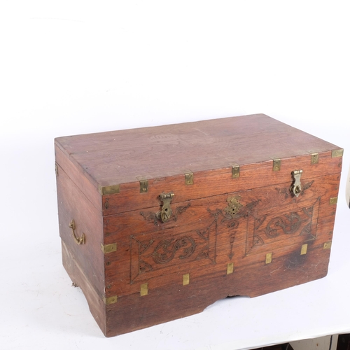 74 - An Anglo-Indian teak travelling box, rising lid revealing a lift-out fitted interior and compartment... 