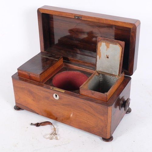 82 - A Regency rosewood tea caddy of rectangular form, 2 fitted lidded boxes (no mixing bowl), and bun fe... 