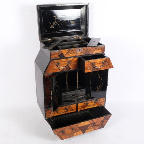 83 - A Chinese elm and specimen wood table-top jewellery/travelling cabinet, H52cm, W35.5cm, D18cm.