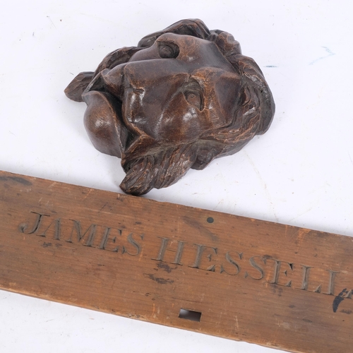 87 - A carved oak lion mask, H18cm, and a pine hinged panel named to James Hessell (2)