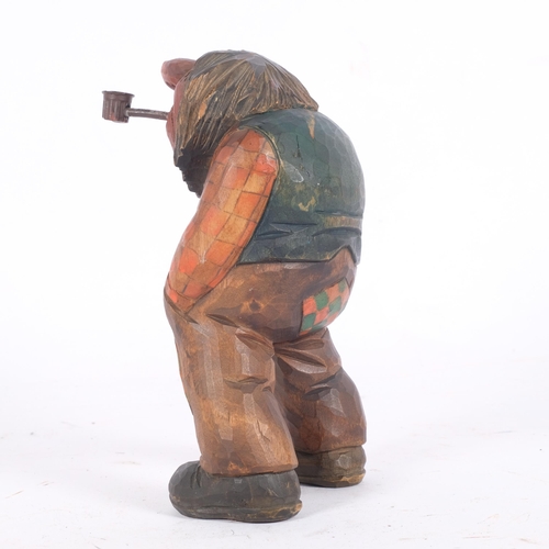 89 - Anton Sveen, Norway, a polychrome carved figure of a troll smoking a pipe, H16.5cm