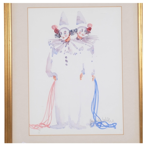 388 - Judith Caulfield, a watercolour study of 2 clowns, by Irish artist Judith Caulfield, signed bottom r... 