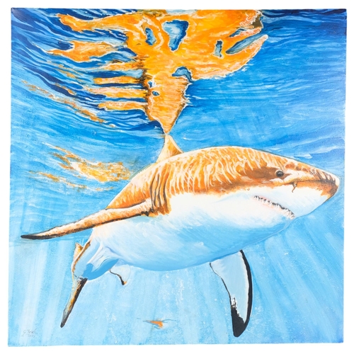 398 - Clive Fredriksson, a large oil on canvas, study of a Great White shark, with vibrant orange glow on ... 