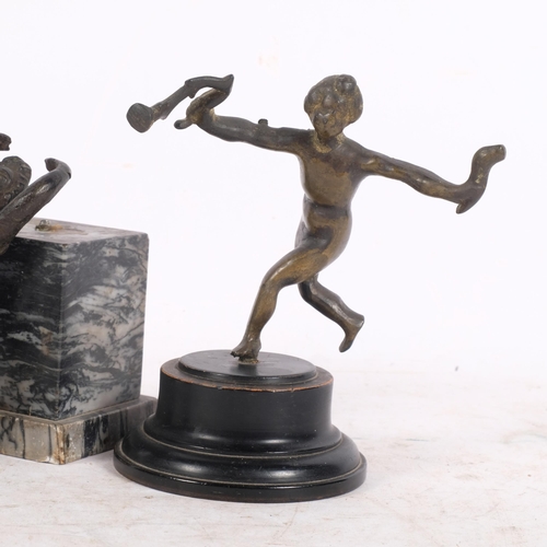 423 - An Antique bronze sculpture of a dancing female figure, on marble base, unsigned, H25cm, and a secon... 