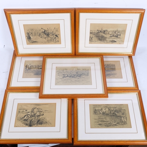 457 - A group of horse riding and steeplechase related prints, in ornate wooden glazed frames, each measur... 