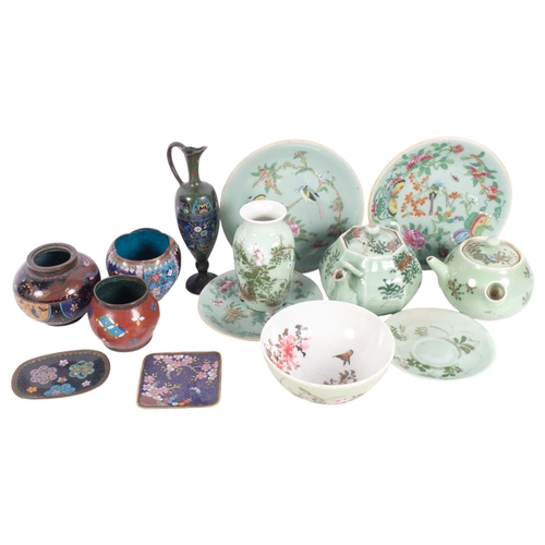 462 - A quantity of celadon ceramic ware, including hand painted teapot, vase, bowl, and several side dish... 