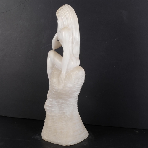 470 - An alabaster figural study, female figure seated on rock, unsigned, H53cm