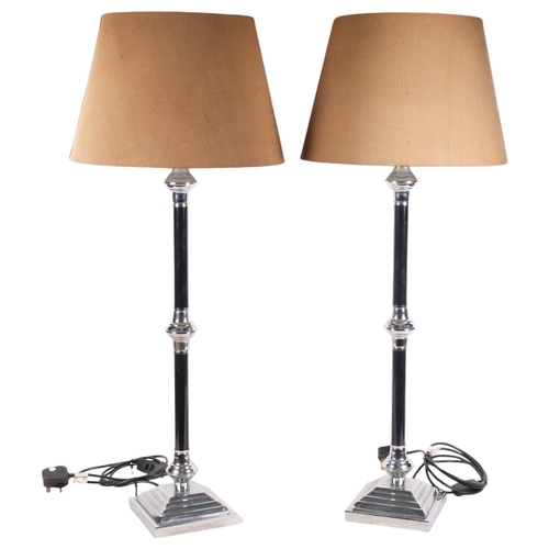 475 - A pair of chrome Art Deco style Corinthian column table lamps, with associated shades, overall heigh... 