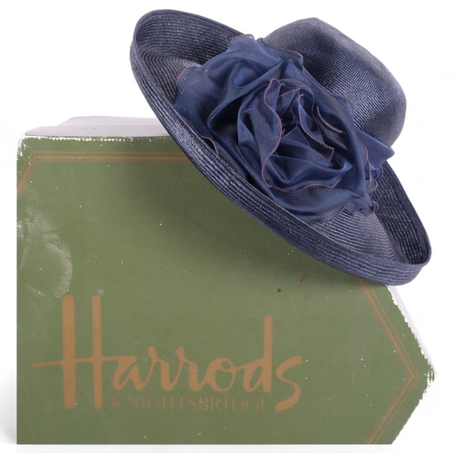 480 - A Herald and Heart, London ladies navy blue wide brim hat, 100% straw & silk, retailed by Harrods, L... 