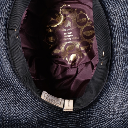 480 - A Herald and Heart, London ladies navy blue wide brim hat, 100% straw & silk, retailed by Harrods, L... 