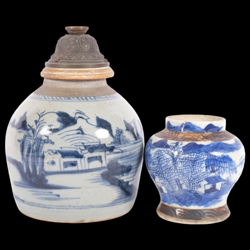 239 - A large Provincial Chinese blue and white ginger jar, with lamp attachment, jar height 16.5cm, overa... 